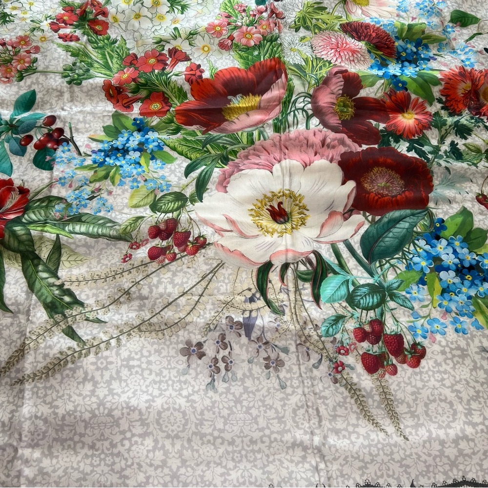 Johnny Was Vibrant Floral Scarf with Orange and Grey Border Tassels on Corners - Picture 4 of 9